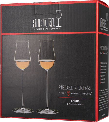 Verpackung für ein Set von zwei schlanken, eleganten Riedel-Gläsern mit langem Stiel, präsentiert vor einem schwarzen und roten Hintergrund.
