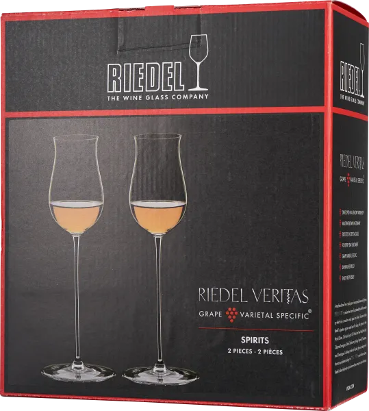 Verpackung für ein Set von zwei schlanken, eleganten Riedel-Gläsern mit langem Stiel, präsentiert vor einem schwarzen und roten Hintergrund.