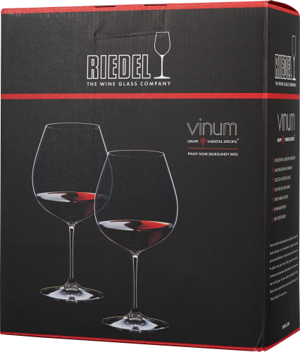 Schwarzer Karton mit rotem Rand, darauf zwei elegante, bauchige Weingläser mit schmalem Stiel und dunkelrotem Wein gefüllt, stilisiert abgebildet.