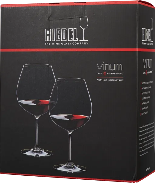 Schwarzer Karton mit rotem Rand, darauf zwei elegante, bauchige Weingläser mit schmalem Stiel und dunkelrotem Wein gefüllt, stilisiert abgebildet.