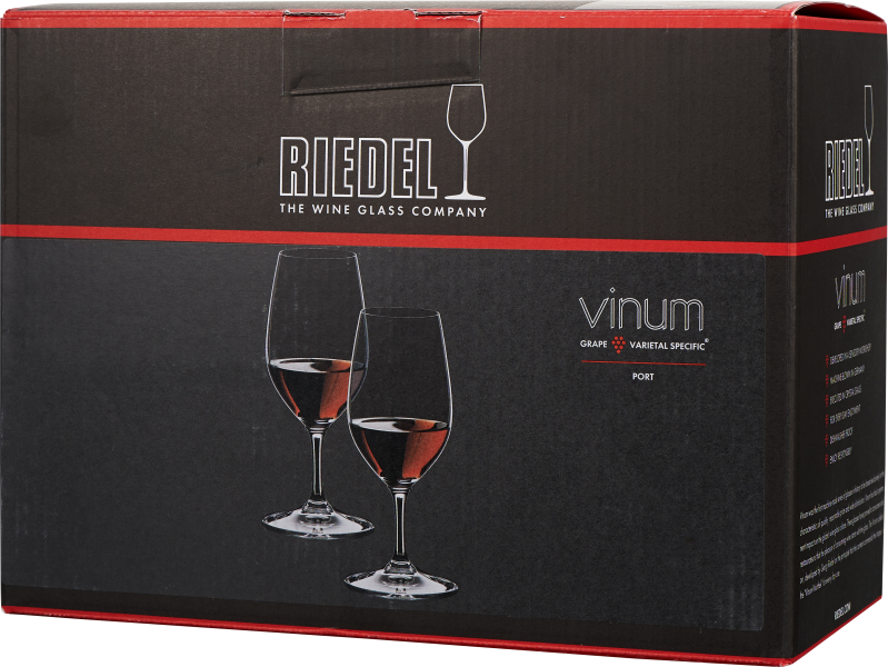 Die Abbildung zeigt eine schwarze Verpackung mit dem Aufdruck "Riedel" und zwei stilisierten Weingläsern, die halb mit rotem Wein gefüllt sind. Ein roter Streifen betont das edle Design, während minimalistische Schrift das elegante Erscheinungsbild ergänz