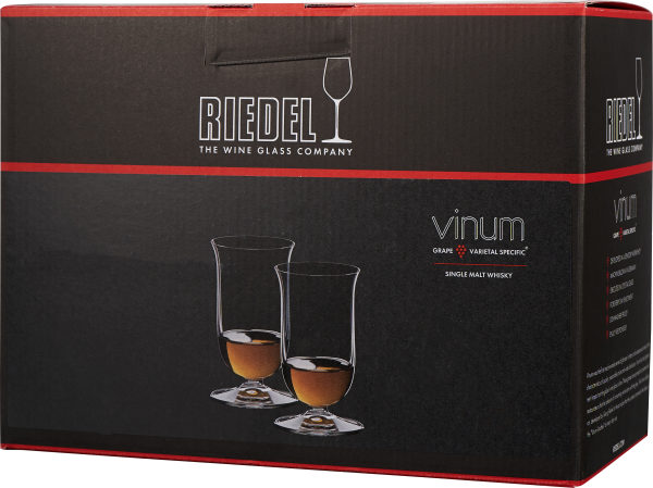 Schwarze Verpackung mit rotem Rand, darauf zwei stilvolle Whiskygläser mit goldbrauner Flüssigkeit abgebildet.