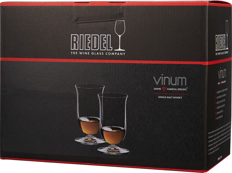 Schwarze Verpackung mit rotem Rand, darauf zwei stilvolle Whiskygläser mit goldbrauner Flüssigkeit abgebildet.