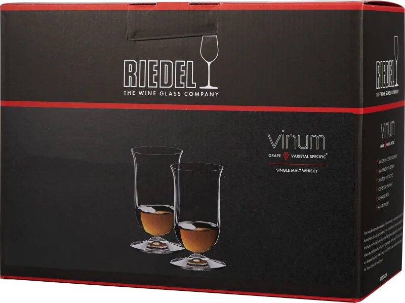 Schwarze Verpackung mit rotem Rand, darauf zwei stilvolle Whiskygläser mit goldbrauner Flüssigkeit abgebildet.