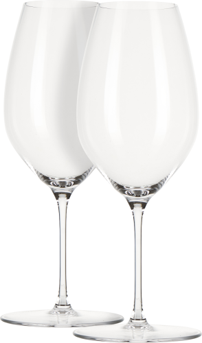 Zwei elegante, klare Weingläser mit langem Stiel und bauchigem Kelch, ideal für stilvollen Weingenuss.