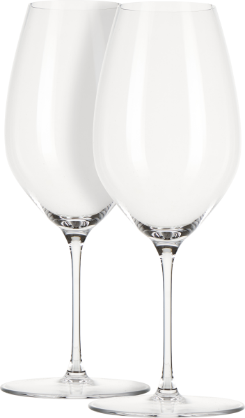 Zwei elegante, klare Weingläser mit langem Stiel und bauchigem Kelch, ideal für stilvollen Weingenuss.