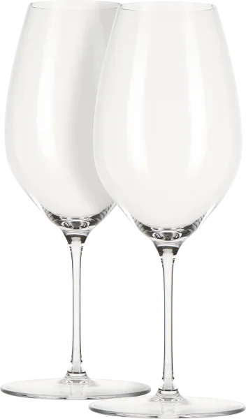 Zwei elegante, klare Weingläser mit langem Stiel und bauchigem Kelch, ideal für stilvollen Weingenuss.