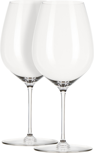 Zwei elegante, transparente Weingläser mit langen Stielen und bauchigen Kelchen, die nebeneinander angeordnet sind. Ideal für stilvolle Weinpräsentationen.