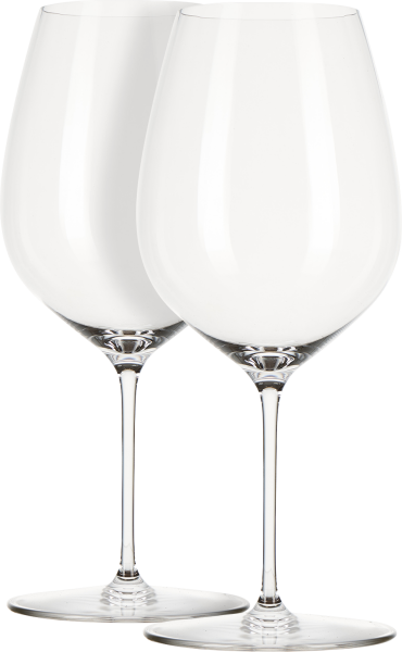 Zwei elegante, transparente Weingläser mit langen Stielen und bauchigen Kelchen, die nebeneinander angeordnet sind. Ideal für stilvolle Weinpräsentationen.