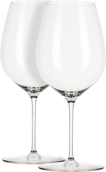 Zwei elegante, transparente Weingläser mit langen Stielen und bauchigen Kelchen, die nebeneinander angeordnet sind. Ideal für stilvolle Weinpräsentationen.