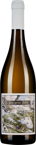 Braune Weinflasche mit weißem Etikett, auf dem eine illustrative Szenerie dargestellt ist. Die Flasche hat einen weißen Verschluss.