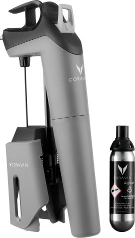 Graues Weinsystem mit schlanker, moderner Form, scharzem Griff und silbernen Akzenten, daneben eine Argon-Gaskapsel.