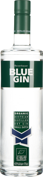 Die Gin-Flasche ist schlank und durchsichtig, mit einem grün-weißen Etikett und dezenten Rillen in der Glasstruktur. Der grüne Verschluss ist schlicht gestaltet, und das Design vermittelt einen hochwertigen, organischen Eindruck.