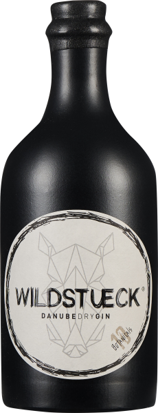 Mattschwarze Flasche im eleganten Design mit rundem Etikett. Das Etikett zeigt ein geometrisches Tiermotiv und stilisierte Schriftzüge.