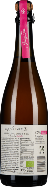 Braune Glasflasche mit Korken, pinkem Band und detaillierter Produktetikette.