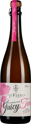 Dunkle, elegante Flasche mit Korkverschluss und einem pinken, verspielten Etikett, das Rosen und eine stilvolle Schrift zeigt.