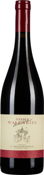 Dunkle Weinflasche mit rotem Verschluss und cremefarbenem Etikett, das eine stilisierte Illustration in der Mitte zeigt.