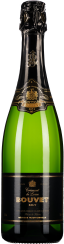 Grüne Sektflasche mit schwarzem Etikett und goldenen Verzierungen. Elegantes Design, verschlossen mit goldener Folie am Flaschenhals.