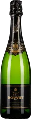 Grüne Sektflasche mit schwarzem Etikett und goldenen Verzierungen. Elegantes Design, verschlossen mit goldener Folie am Flaschenhals.