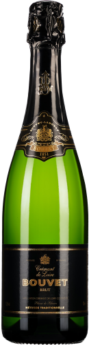 Grüne Sektflasche mit schwarzem Etikett und goldenen Verzierungen. Elegantes Design, verschlossen mit goldener Folie am Flaschenhals.