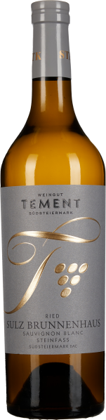 Braune Weinflasche mit grauem Etikett, geschmückt mit eleganten goldenen Schriftzügen und Traubensymbolen.