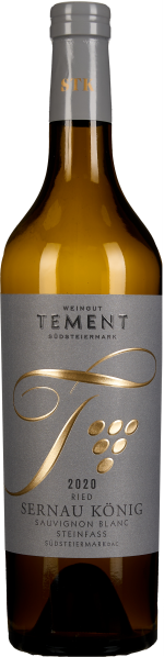 Braune Weinflasche mit grauem Etikett und goldenen Verzierungen. Auf dem Etikett sind stilisierte Trauben und eine elegante, geschwungene Schrift in Gold abgebildet. Der Flaschenhals ist mit einer silber-grauen Kapsel versehen.