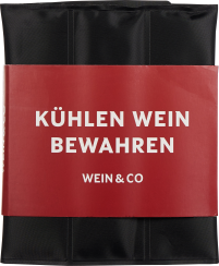 Schwarze Kühltasche mit einem roten Band umwickelt.