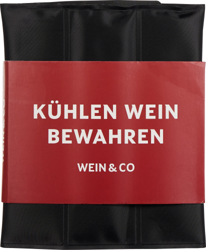 Schwarze Kühltasche mit einem roten Band umwickelt.