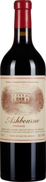 Eine Weinflasche mit einem roten Korken, einem beigefarbenen Etikett und einer Illustration eines Gebäudes darauf. Die Flasche ist elegant und dunkel gefärbt, typische Form für Rotwein.