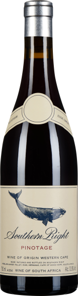 Die Weinflasche zeigt sich in einem eleganten Design mit einem Wal-Emblem auf dem Etikett. Die Flasche ist dunkel, der Verschluss silbern, und das Etikett in Cremefarben mit stilvoller Schrift gestaltet.