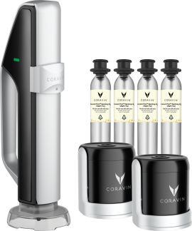 Elegantes Coravin-Gerät in Silber und Schwarz, begleitet von zwei schwarzen Kapselbehältern und vier silbernen CO2-Kapseln.
