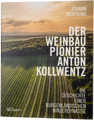 Das Bild zeigt ein Buchcover mit einem ausgedehnten Weinberg unter einem dramatischen Abendhimmel. Reihen von Weinreben erstrecken sich in die Ferne, eingerahmt von üppigem Grün und silhouettierten Hügeln im Hintergrund. Die warmen Farben des Sonnenunterg