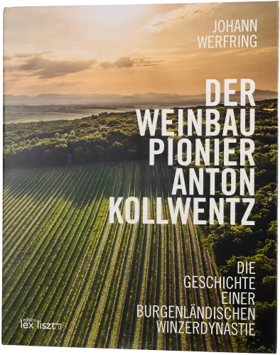 Das Bild zeigt ein Buchcover mit einem ausgedehnten Weinberg unter einem dramatischen Abendhimmel. Reihen von Weinreben erstrecken sich in die Ferne, eingerahmt von üppigem Grün und silhouettierten Hügeln im Hintergrund. Die warmen Farben des Sonnenunterg