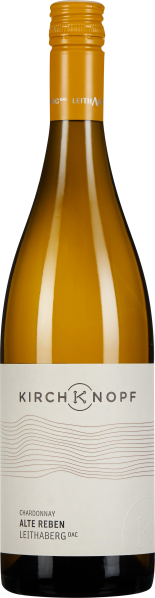 Eine Weinflasche mit gelbem Schraubverschluss, transparentem Glas und einem eleganten Etikett in Weiß und Grau. Das Etikett weist feine Linienmuster und einen schlichten Text auf.