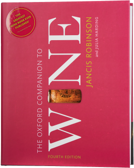 Ein Buch mit einem roten Cover, auf dem ein großer, weißer Titel "Wine" hervorsticht. Eine sichtbare Weinkorken-Grafik ist in die Mitte integriert. Der Hintergrund ist einfarbig und dekorativ gestaltet.