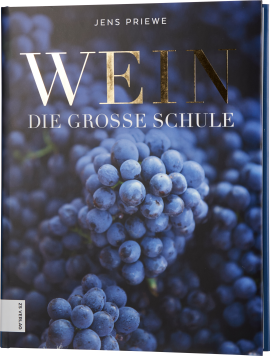 Buchcover mit Nahaufnahme von blauen Weintrauben. Hochwertige, matte Optik mit teils glänzender Schrift auf dunklem Hintergrund.