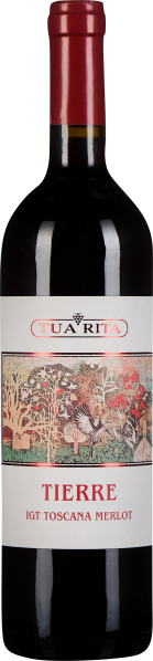 Eine Weinflasche mit dunkelrotem Korken und reich verziertem Etikett, das eine malerische, farbenfrohe Waldlandschaft zeigt. Die untere Etiketthälfte enthält stilisierte, rote Schrift.