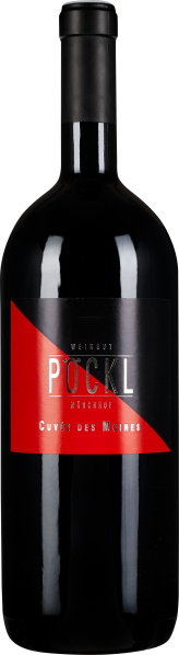 Dunkle Weinflasche mit glänzendem Etikett in Rot und Schwarz; diagonale Farbaufteilung und minimalistische Schrift.