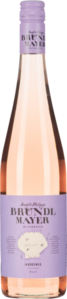 Flasche mit rosa Roséwein und lilafarbener Etikette sowie Verschluss, elegantes Design.