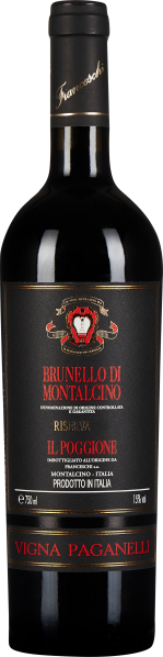 Dunkle Weinflasche mit elegantem, schwarzen Etikett, goldener Schrift und roten Akzenten.