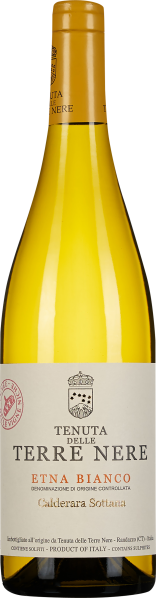 Flasche mit gelbem Wein und gelbem Etikett. Elegante, schlichte Gestaltung mit schwarzer und roter Schrift.