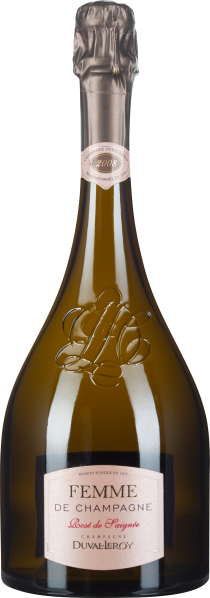 Champagnerflasche mit goldener Folie und feiner Rosé-Etikette, elegante geschwungene Form.
