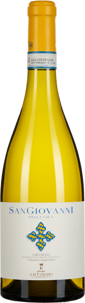 Flasche mit klarem, goldenem Weißwein, gelbem Verschluss und elegantem Etikett mit blauen und goldenen Details.