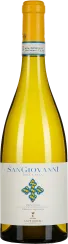 Flasche mit klarem, goldenem Weißwein, gelbem Verschluss und elegantem Etikett mit blauen und goldenen Details.