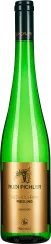 Grüne Weinflasche mit schwarzem Verschluss und goldfarbenem Etikett.
