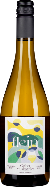 Flasche eines alkoholfreien Getränks mit gelb getöntem Glas und schwarzem Schraubverschluss. Das Etikett zeigt ein modernes, buntes Design in Gelb, Grün und Blau.