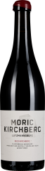 Eine elegante Weinflasche mit schwarzer Glasoberfläche und einer edlen roten Kapsel. Das Etikett ist schlicht gehalten, in Weiß, mit deutlicher schwarzer Schrift.
