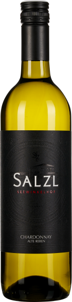 Eine Weinflasche mit grünlich-goldener Flüssigkeit, schwarzem Schraubverschluss und elegantem schwarzem Etikett mit weißer und roter Schrift.