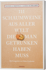 Buchcover mit beigem Hintergrund und weißen, erhabenen Schriftzügen, die eine Liste von Schaumweinen ankündigen. Zentral befindet sich ein Korken mit Agraffe als dekoratives Element.