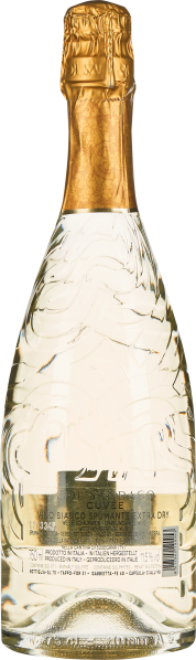 Klarglasflasche mit goldener Folie, elegante Reliefstruktur, klare Sprudelweinoptik.